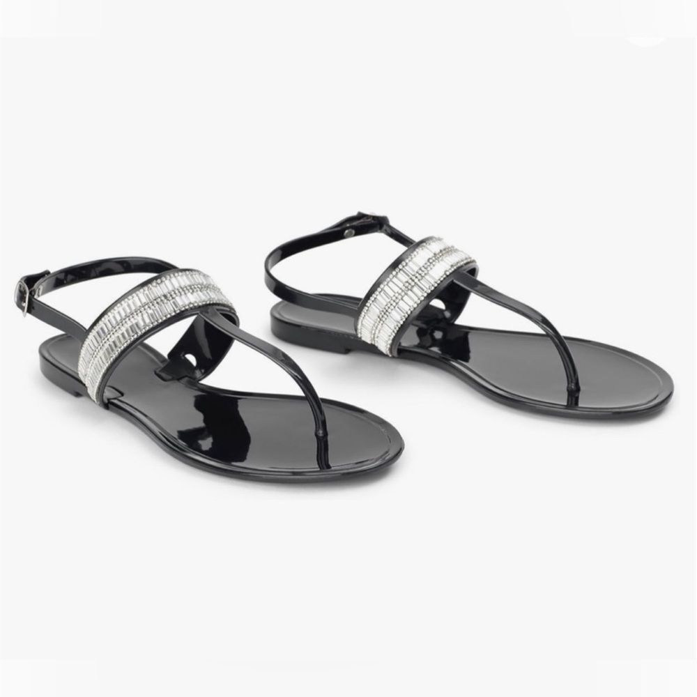 Savi Black Rhinestone Embellished Jelly Thong Sandal with Faux Buckle Size 9